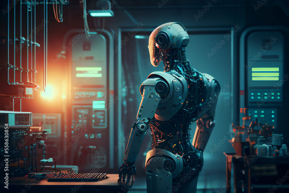 Humanoid robot working and manufacturing in an engineering business ...