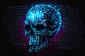 Wall Mural - blue human skull showing intelligent thinking through the concept of a neural brain network printed 