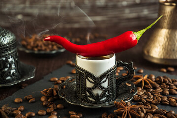 traditional turkish coffee in vintage cup, anise, roasted beans with hot spicy chili pepper on brown background 6