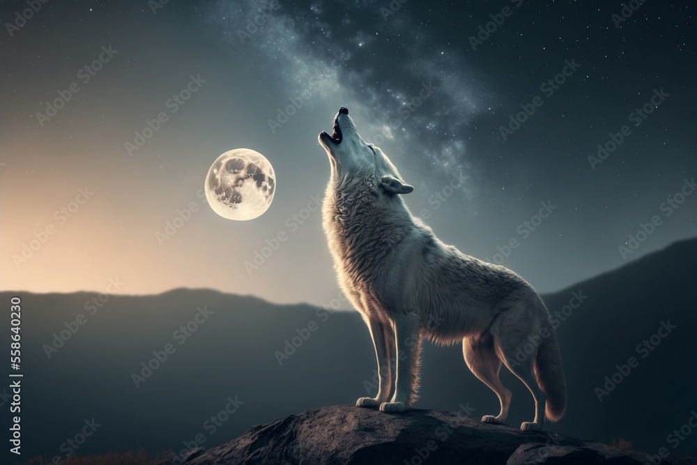 Generative Ai of white wolf howling at the moon. Stock Illustration ...