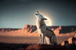 Generative Ai of white wolf howling at the moon. 