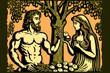 Wall Mural - Illustration of Adam and Eve Eating Forbidden Fruit in a Biblical Narrative. Generative AI