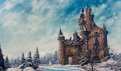 Wall Mural - Fairytale beautiful winter castle, ai illustration