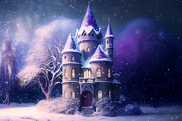 Wall Mural - Fairytale beautiful winter castle, ai illustration