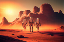 Astronauts On Mars, Spacemen Walking On Red Planet, Generative AI.