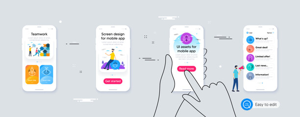 Set of Like, Buying process and Eye laser line icons. Phone ui interface. Include Technical documentation, Businessman, Deal icons. Global business, Augmented reality, Wash hands web elements. Vector