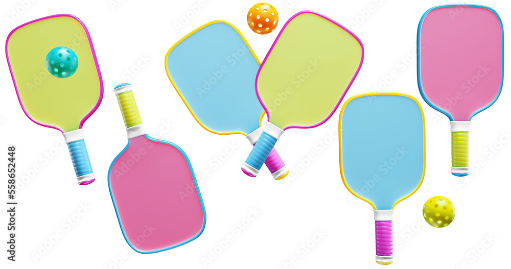 Pickleball Racket Transparen Colorful rackets for playing pickleball with balls on a transparent ...