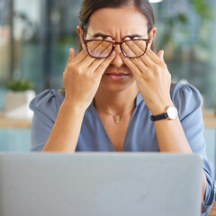 Poster - Tired corporate woman, laptop and eye pain with hands, glasses and stress at desk in finance office. Burnout, executive leader and headache by computer with mental health, problem or anxiety in Dubai