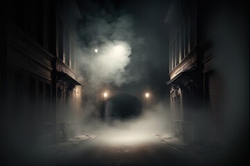 Wall Mural - Dark gloomy empty street with smoke, smog, fog. AI