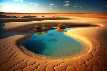 Wall Mural - Swimming pool in the desert, beautiful sunset, reflection in the water. AI