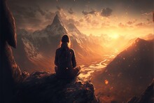 Silhouette Of A Girl In The Mountains, Doing Yoga In Nature High Up, Beautiful Sunset, Fantasy Landscape. AI