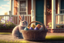 Easter Bunny In A Basket With Eggs At The Porch Of An American House, Sunny Sunset Light. Generative AI