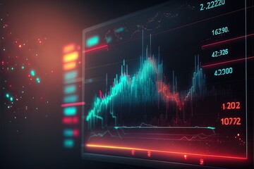 Business economic charts with light effects, neon. Abstract neon background, growth and fall analytics. AI