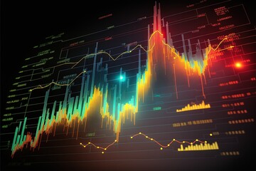 Wall Mural - Business economic charts with light effects, neon. Abstract neon background, growth and fall analytics. AI