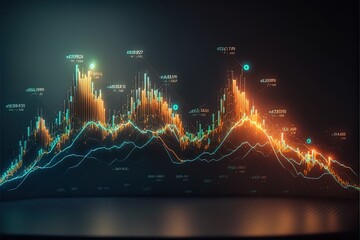 Business economic charts with light effects, neon. Abstract neon background, growth and fall analytics. AI