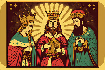 Wall Mural - Retro Christmas card featuring the three kings presenting Jesus with presents. cartoonish artwork. Generative AI