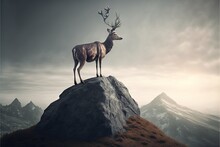 A Deer Standing On Top Of A Rock In The Middle Of A Mountain With Mountains In The Background And Clouds In The Sky Above The Picture Is A Single Deer Standing On A Rock With A.
