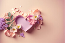 Paper Heart With Ribbons And Flowers On A Pink Background, Congratulations On The Occasion, Women's Day, Valentine's Day, February 14, Light Pink Background. Generative AI