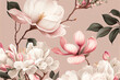 Leinwandbild Motiv Abstract watercolor flowers on a light pink background, peonies, roses, green leaves, natural floral pattern in vintage style, Asian theme. Generative AI