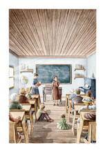 Watercolor Old Classroom Where There Is Lesson For Group Of Adults And Children In Vintage Clothes Isolated On White Background. Hand Drawn Illustration Sketch
