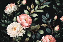Floral Pattern Of Flowers, Peonies And Roses With Elements Of Green Leaves On Black Background, Illustration Of Floral Background, Nature Concept. Generative AI.