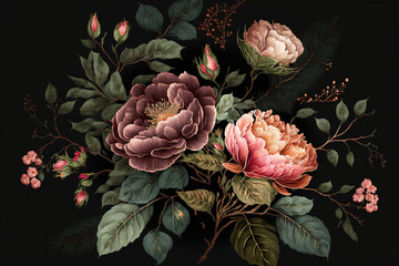Wall Mural - Floral pattern of flowers, peonies and roses with elements of green leaves on black background, illustration of floral background, nature concept. Generative AI.
