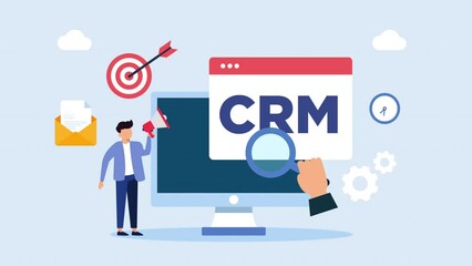 Customer relationship management, CRM conceptual animation.man with megaphone,deskop with business icon.conceptual animation video clip.