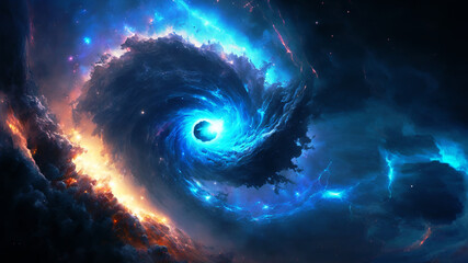 Fototapete - Birth of a star in space during a nebula explosion. Nuclear fusion of cosmic clouds of gas and dusts spinning. Universe background. Generative ai