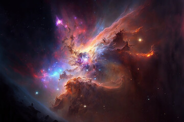 Fototapete - Large view of a colorful dark nebula in space. Cosmic background with bright shining stars, galaxies and deep universe. Generative ai