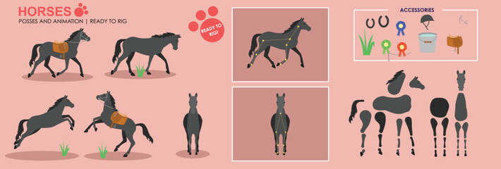 Black Horse ready to animate with multiple poses accessories. Vector file labeled ready to rig. Horse riding, horse jumping, horses playing. Horse saddled
