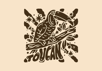 Wall Mural - Illustration drawing of toucan bird standing on a tree trunk