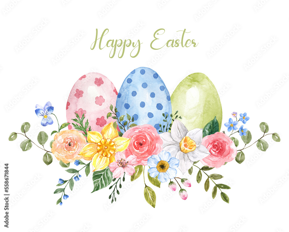 Watercolor spring wreath with colored eggs and flowers, isolated on ...