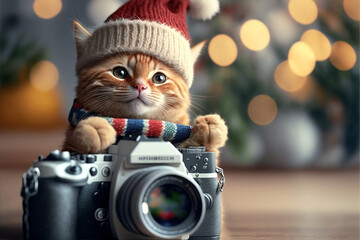 Sticker - Cute kitten with a photo camera smile in a Christmas hat, festive kitten New Year's Eve with color bokeh in the background. Generative AI