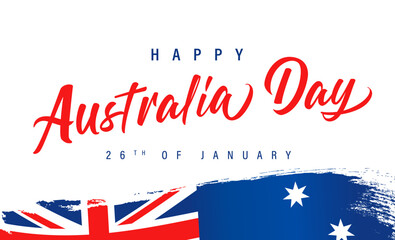 Happy Australia Day calligraphy and flag in brush stroke. Australian flag and text isolated on white background for Australia Day, 26th of January. Vector Illustration