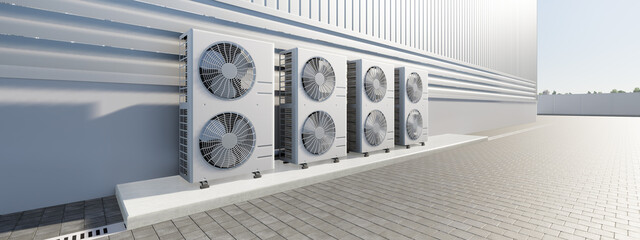 Wall Mural - 3d rendering of condenser unit or compressor outside factory plant. Unit of ac air conditioner, heating ventilation or hvac air conditioning system. Include fan, coil and pump inside for heat and cool