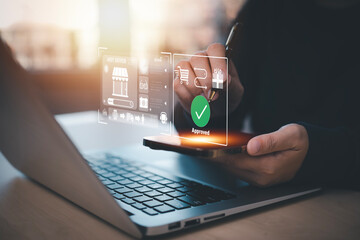 Smartphone with Online payment ,Hand touch banking online bill payment Approved concept button, credit card and network connection icon on business technology virtual screen background