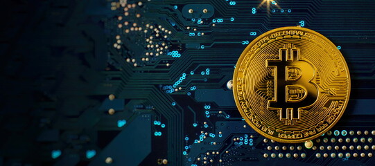 Bitcoin cryptocurrency new version on computer electronic circuit board background . Virtual cryptocurrency money Bitcoin golden