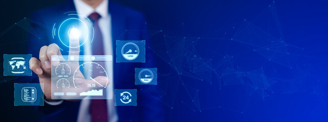 Fast internet connection with Metaverse technology concept, businessman touch Virtual screen of Internet speed measurement,Internet and technology concept, 5G Hi-speed internet concept