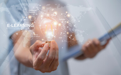 Concept E-learning education,Man holding light bulb with Education icon on virtual screen. internet lessons and online webinar, online lessons on a digital screen.Education internet Technology,