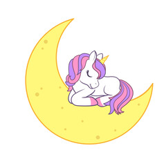 Wall Mural - Cute unicorn sleeping on the moon. Illustration on transparent background