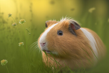 A cute brown guinea pig or cavy in the meadow field with morning sunlight environment. Animal portrait in beautiful nature. Generative Ai image.