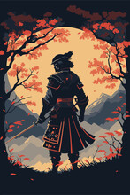 Silhouette Of Japanese Samurai Warrior With Sword Standing On Sunset Art Print