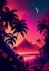 Poster - tropical sunset with trees