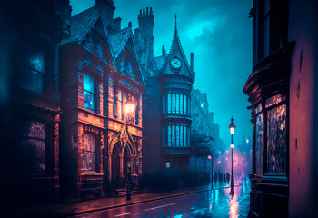 Wall Mural - Wet night street of Old Victorian town in blue purple neon haze. Photorealistic Generative AI illustration in cyberpunk style.  Gloomy urban scene.