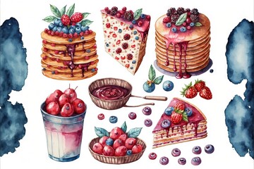 Sticker - a watercolor painting of a variety of desserts and pastries on a white background with a blue spot in the middle of the image and a blue spot in the middle of the image.