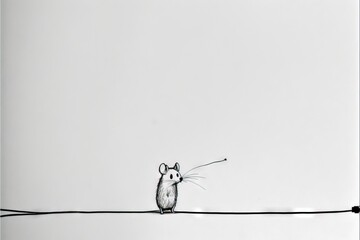 Sticker - a drawing of a mouse on a wire with a sky in the backgroup of the picture and a person walking on the other side of the wire with a mouse in the distance.