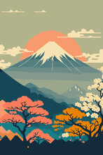 Japanese Mountain Landscape Background, Mount Fuji Japan Vector Background