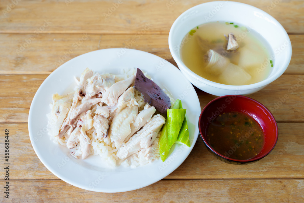 Hainanese chicken rice or steamed chicken rice - Asian food style Stock ...