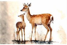 A Painting Of Two Deer Standing Next To Each Other On A White Background With Watercolor Stains On It And A Baby Deer Standing Next To It's Mother's Head, With Its Mother.