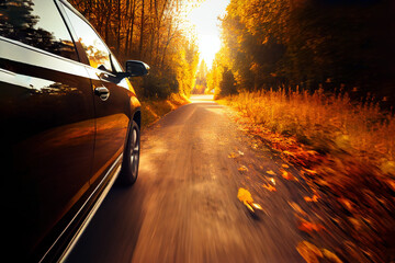 Wall Mural - from a low angle, the suv is driving on the mountain road, with autumn golden trees on both sides